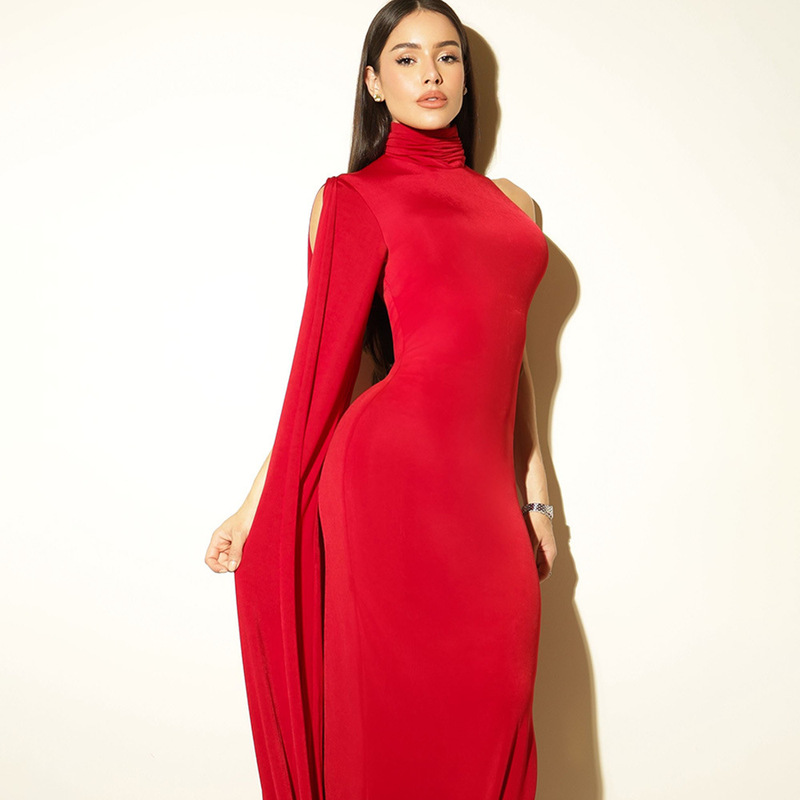 European and American Cross-Border Foreign Trade Hot-Selling High-Neck One-Shoulder Slit Elegant Slim-Fit Sleeveless Dress with Patchwork Evening Gown Long Dress