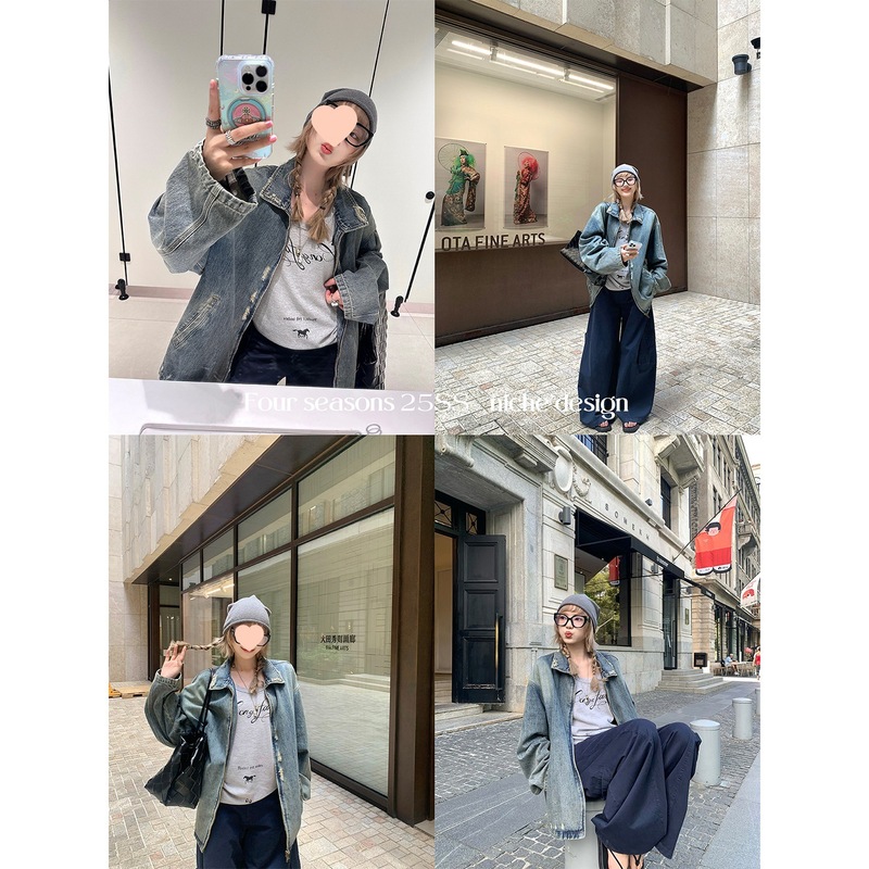 欧阳 做旧磨破牛仔外套女秋季新款休闲宽松美式复古夹克上衣|undefined