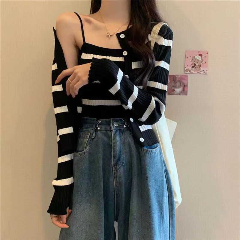 81g Weight Long Sleeve Sleeve Length Single Breasted Placket Type Ice Silk, Polyester Fabric Type Short Top Length Knitwear Tops Type Daily Occasion Round Neck Neckline Slim Fit Type Stripe Pattern Spring, Autumn Season Women's Gender Casual Style Wholesale Women's Ice Silk Polyester Casual Stripe Long Sleeve Sweaters & Cardigans 8