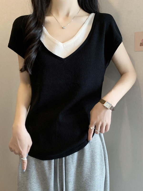 Áo thun nữ tay lỡ giả hai lớp chất liệu sợi mát — đen