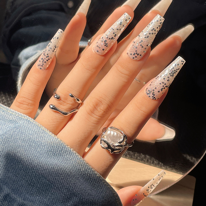 Silver Glitter sequins cross-border long ballet flash wear nail European and American nail stickers finished fake nails wholesale
