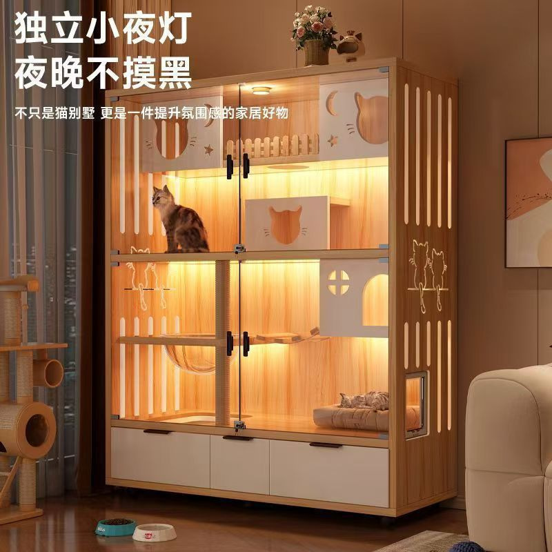 Luxurious Wooden Cat Villa, Breathable Cat Nest, Cat House with Enlarged Space, Cat Room, Imitation Solid Wood Cat Cage, Pet Cat Nest
