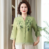 真絲風(fēng)上衣女新中式民族風(fēng)夏季薄款洋氣中老年盤(pán)扣印花套頭襯衫，女裝T恤，妃慕昵服飾