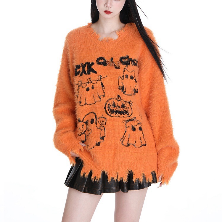 Pumpkin Color Halloween Atmosphere Couple Knitted Sweater Women's American-style Vintage Fun-fit Printed Sweater Loose All-match Trendy