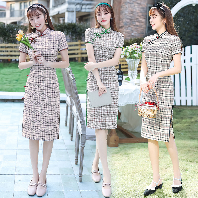 棉格子中长款日常旗袍2025新款改良版民国风修身宴会演出连衣裙