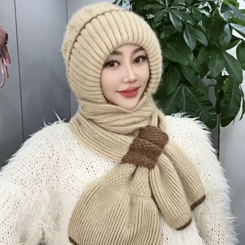 冬季加绒加厚妈妈帽子保暖风雪帽毛线编织老太太护耳帽子围巾一体