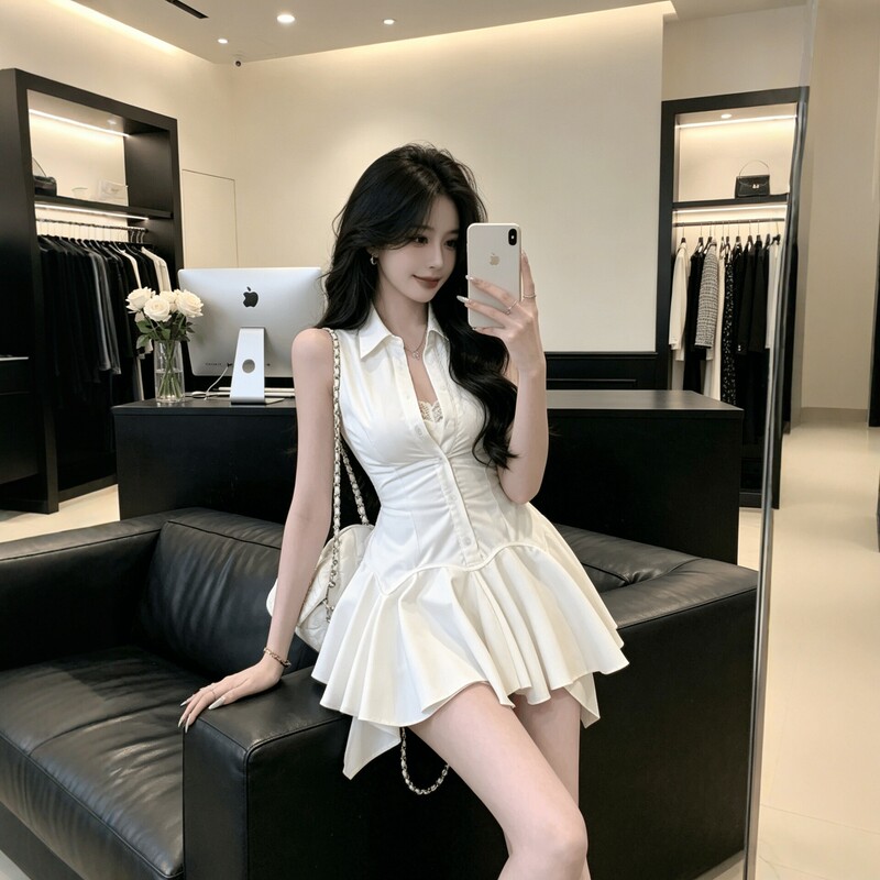 New Style Pure Desire Style Sleeveless V-Neck Waist-Cinching Dress for Petite Women, Elegant Slimming Short Dress, French Style Hot Girl Dress