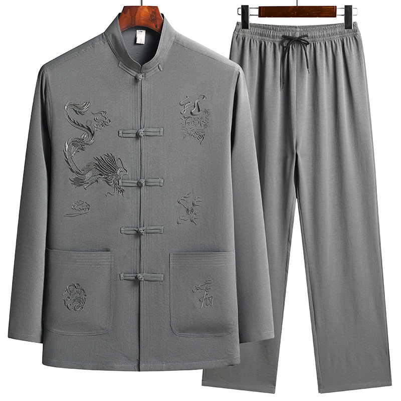 Chinese style Tang suit middle-aged and elderly summer suit dad suit Grandpa suit morning exercise Chinese style buckle elegant solid color embroidery