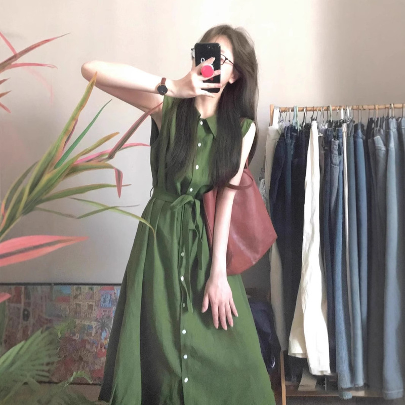 Vintage Literary Style Green Shirt Sleeveless dress Women's Simple Casual Summer Relaxation Atmosphere Long Dress for Children