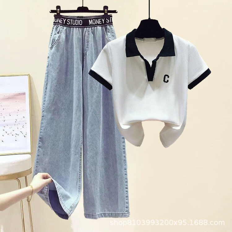 Denim suit# lapel polo shirt short sleeve T-shirt women's 2024 summer new loose high waist Korean wide leg pants