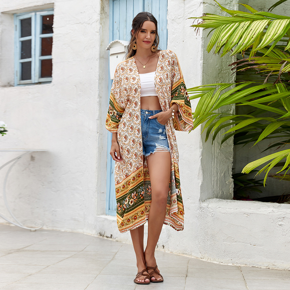 2 colores europeos y americanos nueva playa de vacaciones vestido rayón impreso cardigan largo bohemio falda bikini cover up 3826
