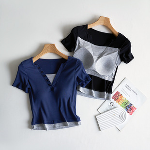 Contrast Color Stitching Fake Two-piece V-neck Shoulder Short-sleeved Women's Summer Slim-fit Slimming Short Modal Thin Top New