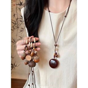New Chinese Style Long Acorn Pendant Necklace for Women, Retro Ethnic Style Zen Design Sweater Chain Necklace Accessories