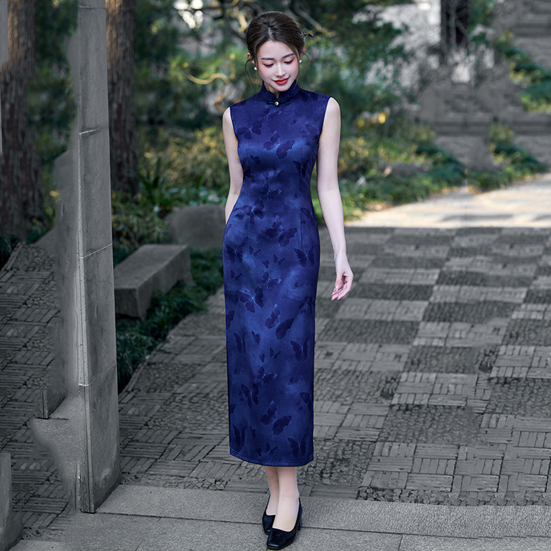 Blue long retro summer cheongsam sleevless