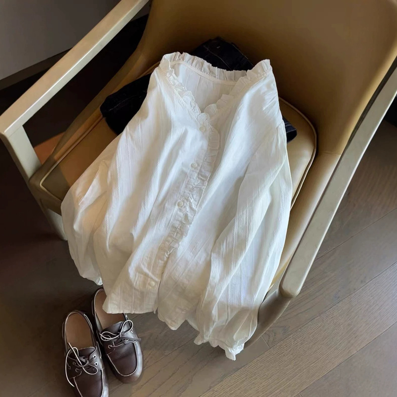 In Stock for Immediate Delivery 2026 New Style Loose-Fitting Slimming Versatile Top French Retro Ruffled White Long-Sleeve Shirt for Women In Stock for Immediate Delivery 2026 New Style Loose-Fitting Slimming Versatile Top French Retro Ruffled White Long-Sleeve Shirt for Women