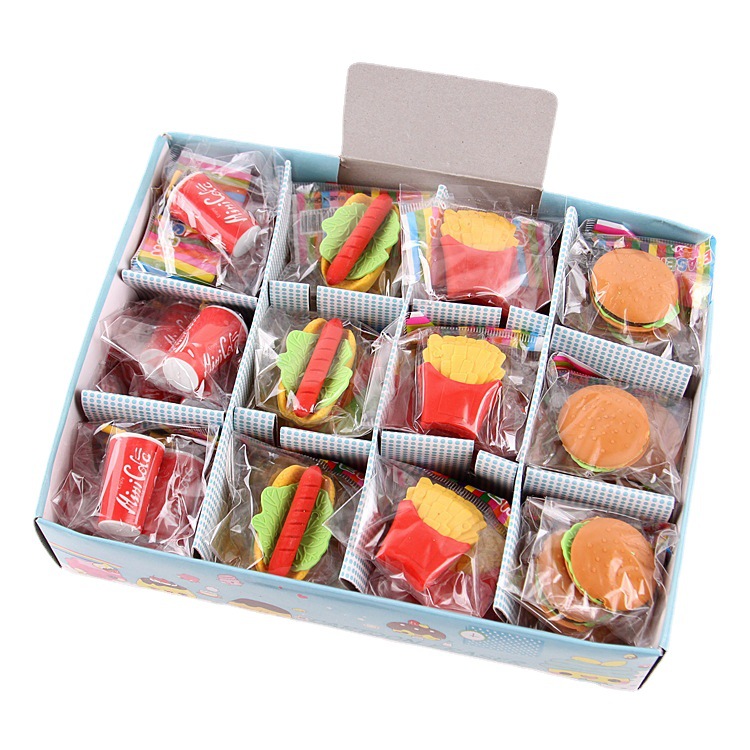 Oferta especial de borradores de dibujos animados de hamburguesas KFC artificiales, juego de borradores correctores para estudiantes, regalo de recompensa para jardín de infantes y días festivos