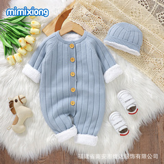 インホット販売ベビーワンピース服無地プラスベルベットロンパーススーツニット男性と女性の暖かい服秋と冬