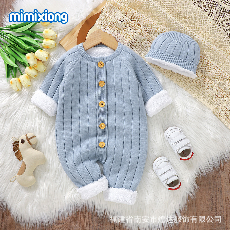 インホット販売ベビーワンピース服無地プラスベルベットロンパーススーツニット男性と女性の暖かい服秋と冬|undefined