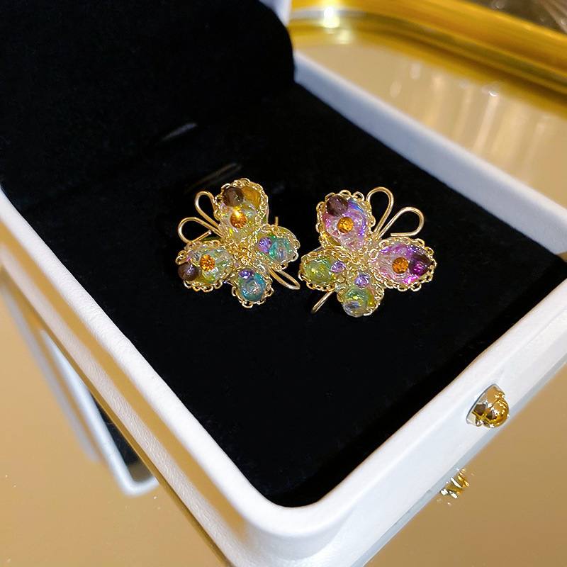 Pendientes de mariposa de cristal artificial degradado de aguja de plata chapado en oro real 2025 nuevos pendientes pendientes de moda exquisita mujer