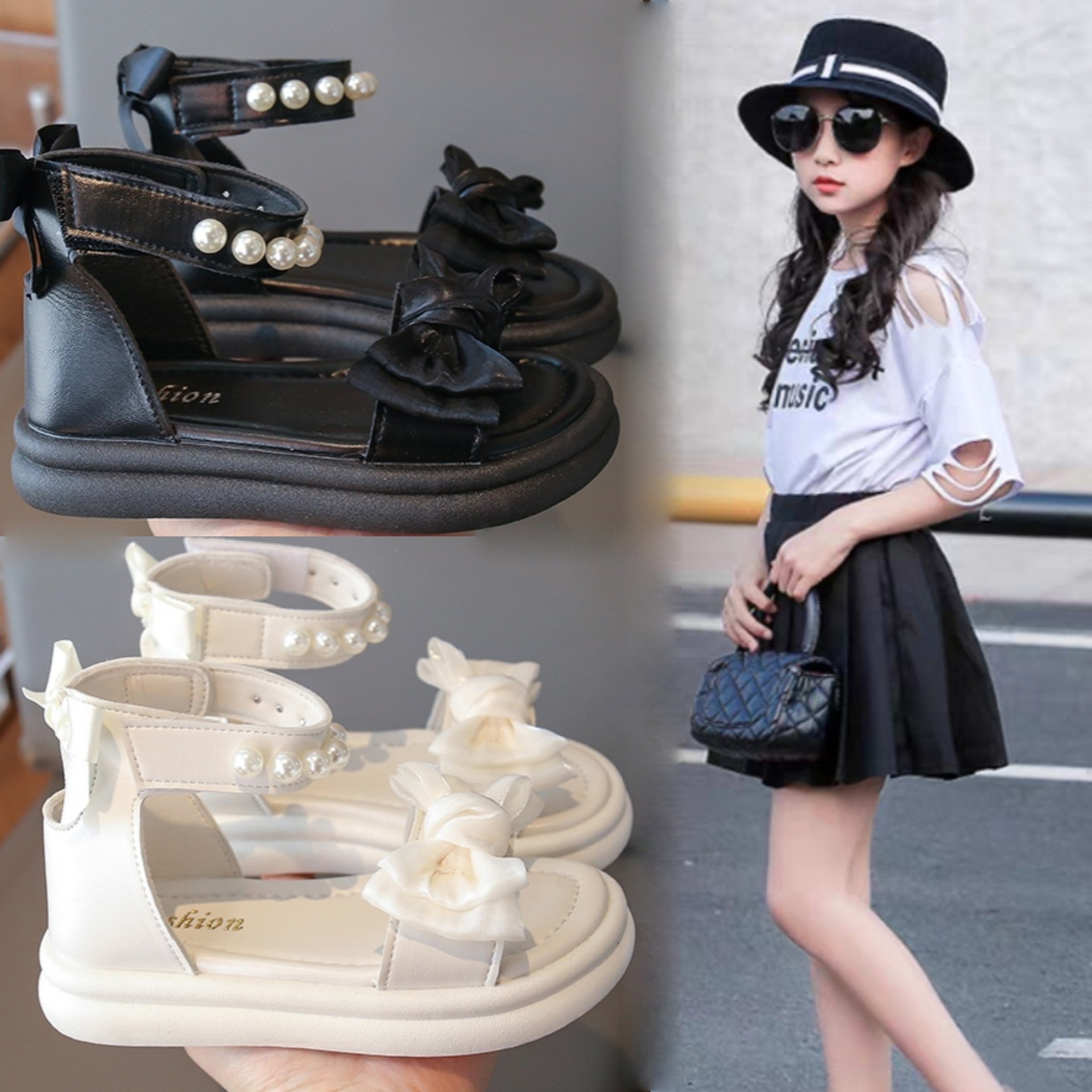 Sandalias de moda para niñas verano 2024 nuevos zapatos de princesa con lazo de perlas para niños image 3