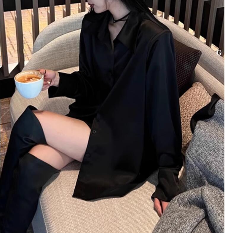 Áo sơ mi nữ satin đen tay dài thiết kế đi làm mùa xuân 2025 — Màu đen, Màu tím đậm, Màu trắng chi tiết 1