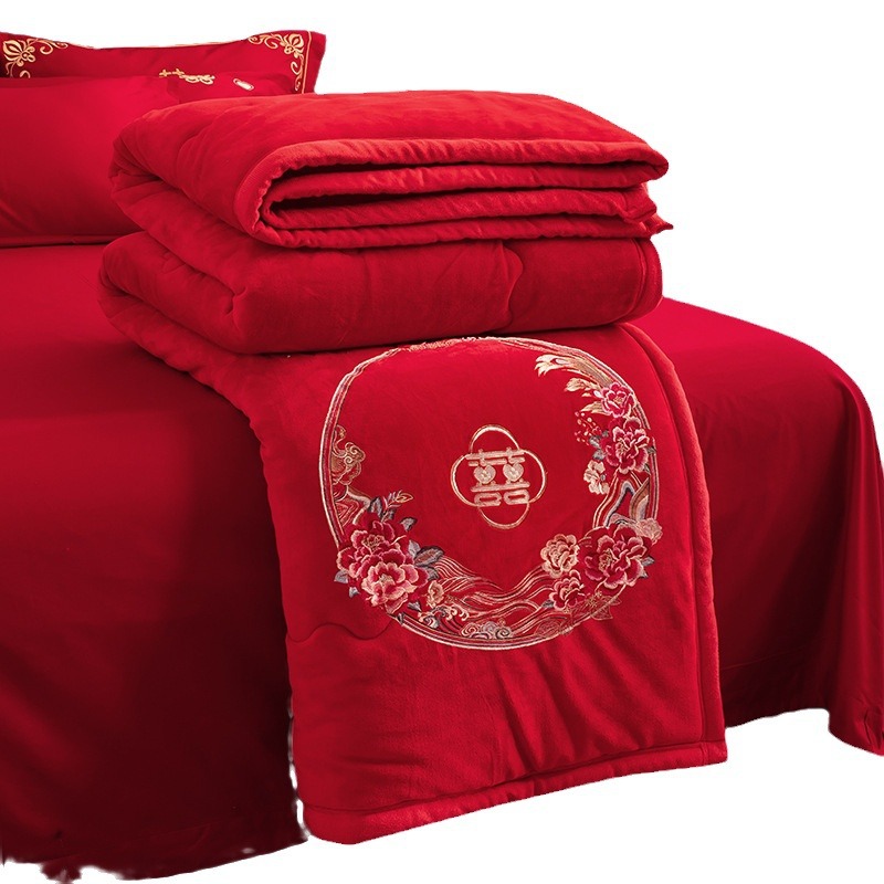 2024 새로운 우유 벨벳 자수 담요 웨딩 함께 빨간 담요 남성 웨딩 룸 두꺼운 담요 섬세한 머리