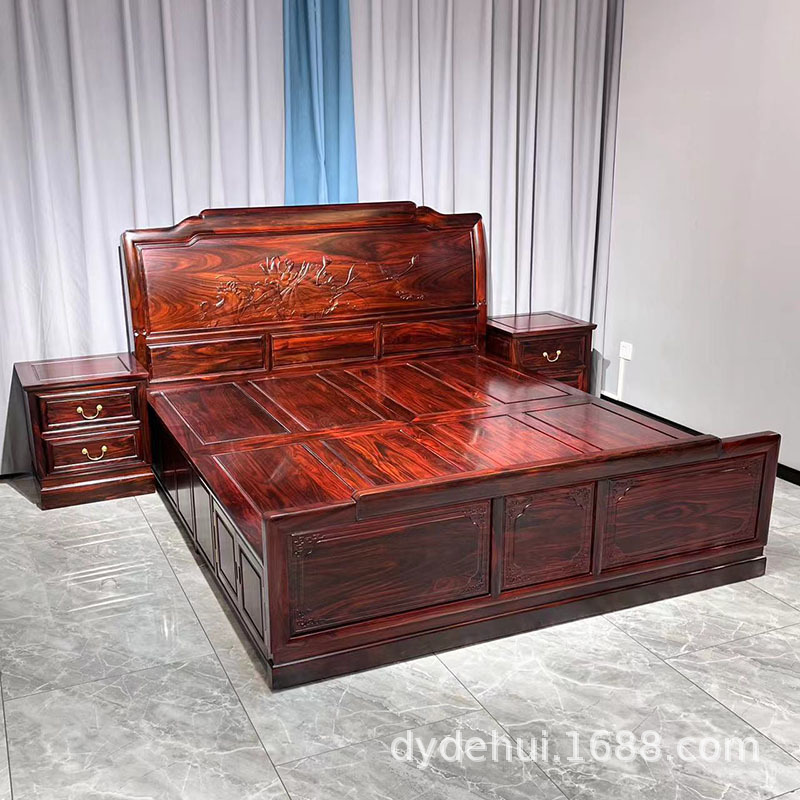 中式红木双人床印尼黑酸枝雕荷花简约阔叶黄檀可放被子1.8米床