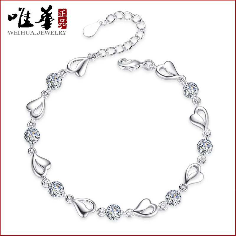 Wei Hua Jewelry Blue Heart Bracelet Women's Hollow Love Heart-shaped Silver Plated Bracelet Blue Hand Jewelry Wholesale Factory Wei Hua Jewelry Blue Heart Bracelet Women's Hollow Love Heart-shaped Silver Plated Bracelet Blue Hand Jewelry Wholesale Factory