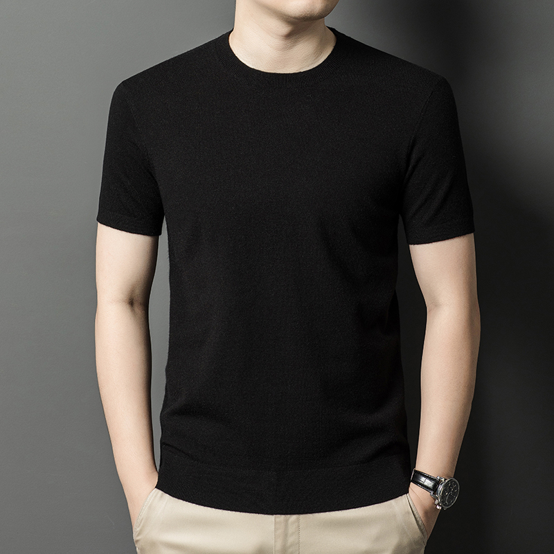 Ordos 100% cachemira pura, hombre de manga corta, suéter de lana de punto de cuello medio alto, suéter de manga media gruesa