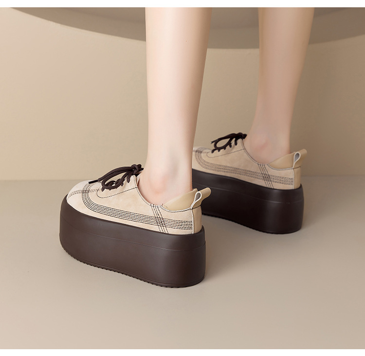Giày sneaker nữ chunky đế dày mũi tròn phối màu dây buộc cổ thấp thu đông da thật — màu đen, màu mơ chi tiết 11