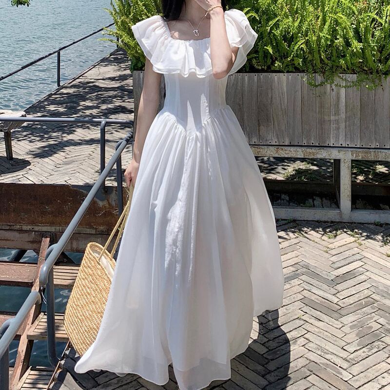 French-Style Ruffled Off-Shoulder Dress for Women, Summer 2025 New Model, Super Stylish Niche Design, Elegant Long Dress