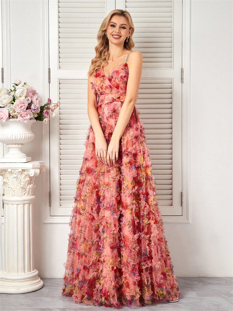 Europa y los Estados Unidos cruzaron la frontera nueva flor de chiffon vestido de noche banquete temperamento delgado cabina larga vestido de brindis