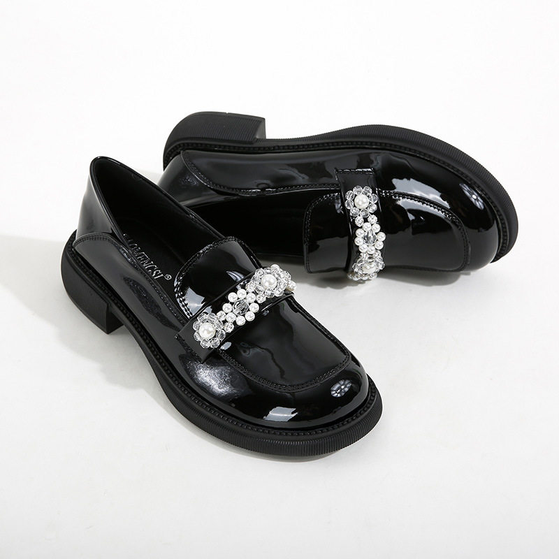 Giày Mary Jane nữ mũi tròn gót vuông gót 3–6 cm, giày lười da bóng cỡ lớn — Màu đen