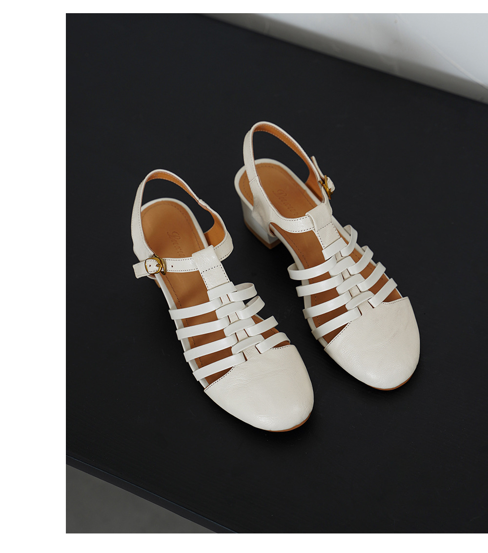 Sandal nữ cổ điển mũi nhọn quai T khóa, gót 5 cm, da cừu mềm — màu trắng ngà chi tiết 14