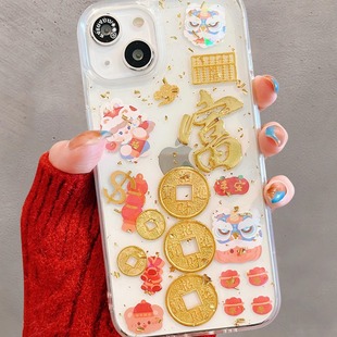 Transparent drop glue gold foil gold abacus for iphone15Promax phone case 14 Pro13 Promax fortune