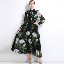 欧洲站2025夏装新款优雅气质翻领长袖印花海边拍照日常礼服连衣裙