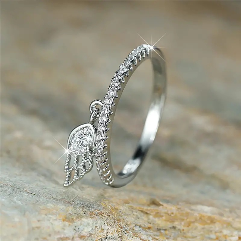 5g Weight Zircon Inlay Material Rings Classification 10, 6, 7 Ring Size 1 Piece Quantity Daily, Tea Party Occasion Feather, Copper Material Geometric, Wings Pattern All Seasons Season Women's Gender Sweet Style Geometric Wings Feather Copper Sweet Rings 4