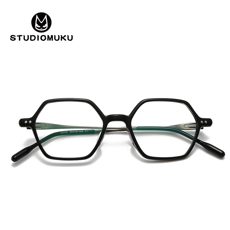 Gafas de madera STUDIOMUKU con temperamento de hermano mayor, placa poligonal, marco de gafas de titanio puro, marco retro
