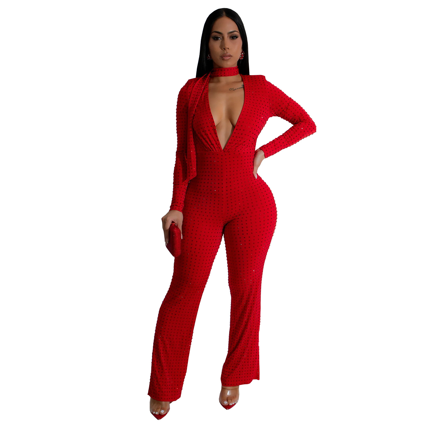 C7213 Aliexpress transfronterizo Amazon Europa y América ropa de moda femenina sexy cuello v manga larga bolsas de brazo de diamante caliente New Jumpsuit
