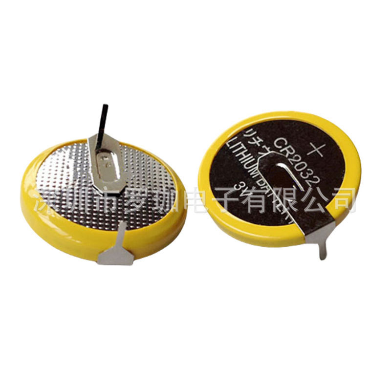 厂家供应CR2032带脚电池 3V直插卧式带焊脚电池锂锰纽扣电池