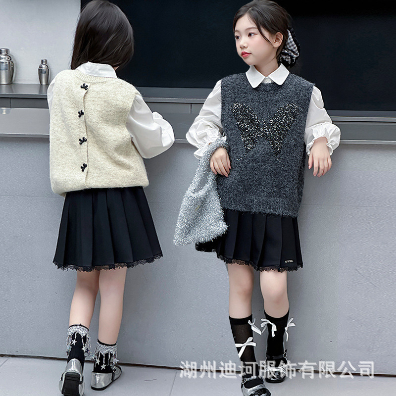 女童秋装针织衫跨境新款儿童套装春秋女孩洋气中大童时髦毛衣马甲
