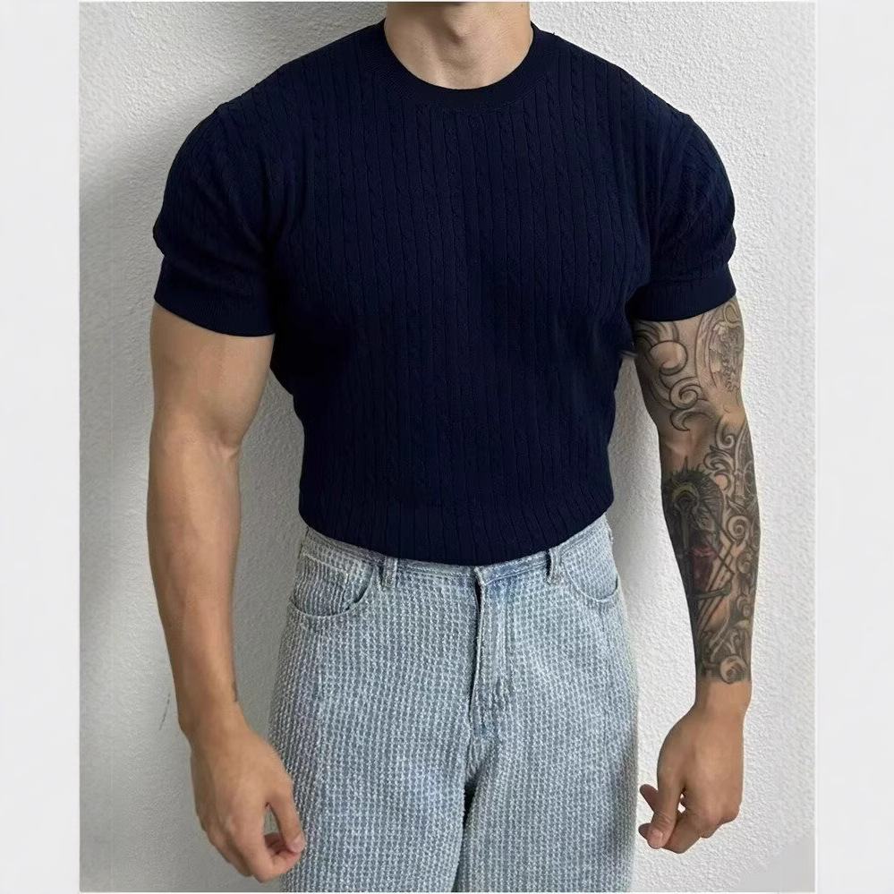 Summer Solid Color Round Neck Short-sleeved Sweater Men's Slim-fit Stretch Trendy All-match Design Sense Vertical Stripe Half-sleeved T-shirt