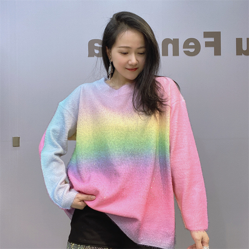 Ropa de comercio exterior, novedad de invierno 2026, estilo europeo, suéter de punto con pedrería resistente para mujer, suéter de manga larga con cuello redondo y diseño de arcoíris para mujer