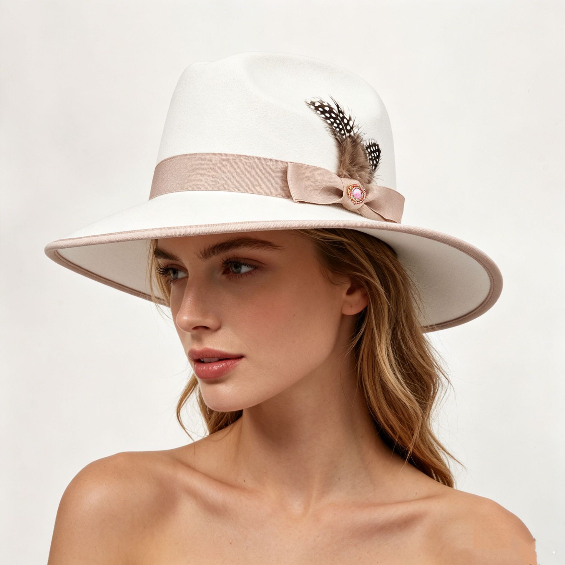 New Cross-border Cowboy Brim Edging, Wool Felt Feather Hat, Adorned With Sparkling Rhinestones, Light Luxury Hat_voghion.com