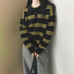 复古撞色条纹polo翻领长袖毛衣针织衫女早秋韩系休闲宽松显瘦上衣