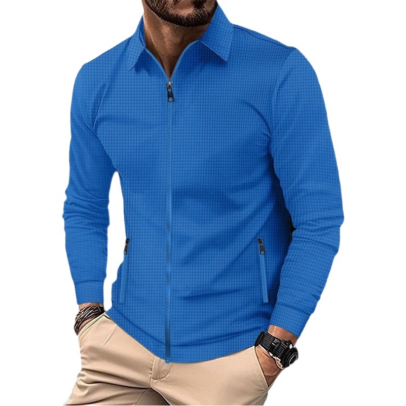 Chaqueta europea y americana de punto tipo waffle para hombre, informal, con cremallera, solapa, manga larga, versátil para uso diario.