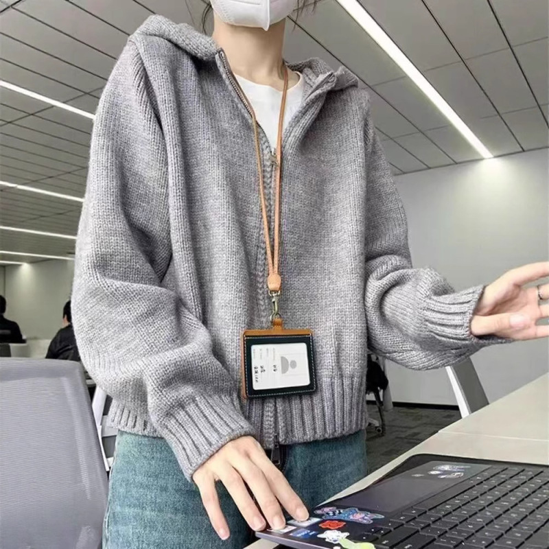 100%羊毛衫女秋冬连帽慵懒宽松双拉链针织衫毛衣外套短款开衫上衣|undefined