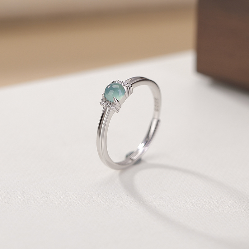 Nhẫn bạc S925 đính đá ngọc nước xanh dạng hạt tròn mở điều chỉnh — Mẫu ngọc nước xanh