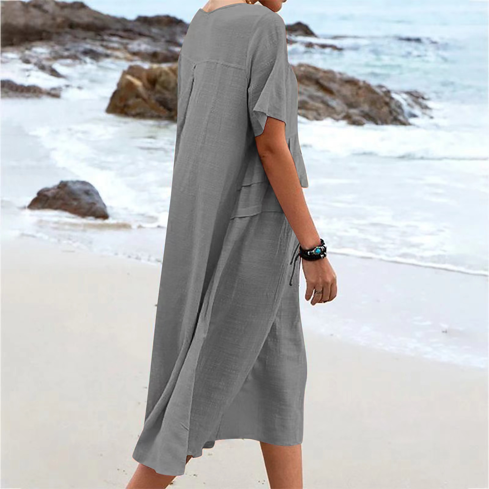 Robe d'été décontractée pour femme, coupe ample, col rond, manches courtes, longueur mi-longue, en coton et lin, couleur unie_voghion.com