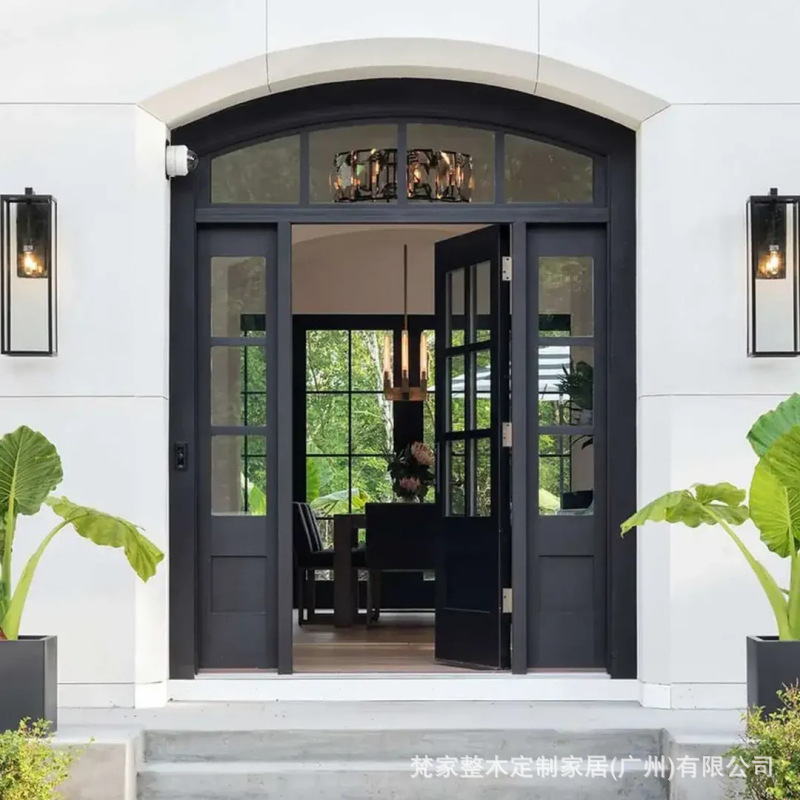 Guangzhou Factory Direct Supply Arched Entrance Door Black Translucent Glass Splicing Villa Double Leaf Solid Wood Entry Door